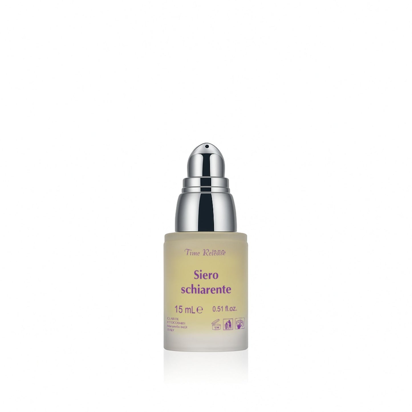 Flacone Airless di vetro satinato del siero schiarente Time Release di Claride Fitocosmesi da 15 ml, mostrato senza tappo con il suo erogatore pump argento.