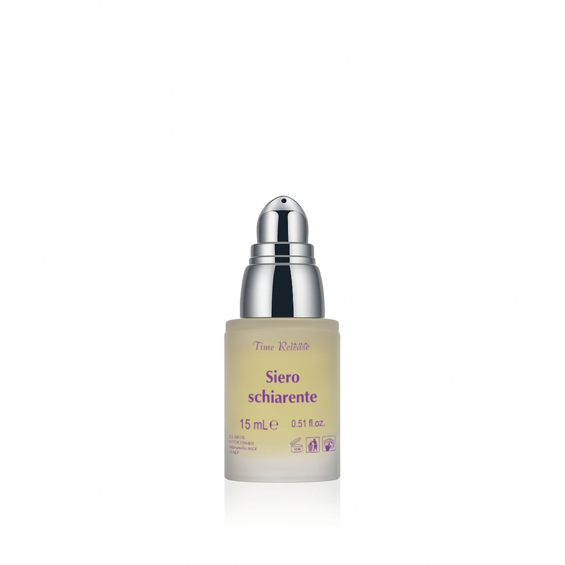 Flacone Airless di vetro satinato del siero schiarente Time Release di Claride Fitocosmesi da 15 ml, mostrato senza tappo con il suo erogatore pump argento.