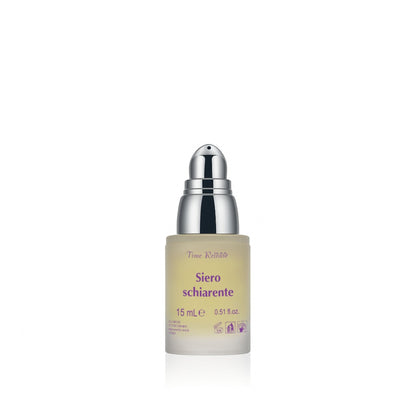 Flacone Airless di vetro satinato del siero schiarente Time Release di Claride Fitocosmesi da 15 ml, mostrato senza tappo con il suo erogatore pump argento.