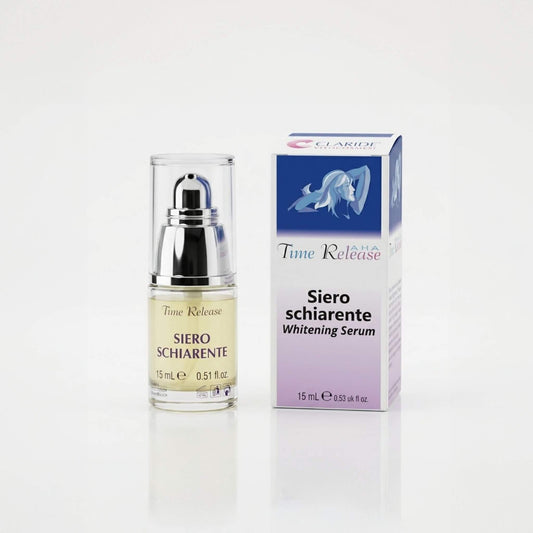 Flacone in vetro da 15ml con erogatore a pompa argento e scatola del Siero Schiarente Time Release di Claride Fitocosmesi. Trattamento viso concentrato antimacchia (Whitening Serum) per contrastare le discromie e illuminare l'incarnato, su fondo bianco con riflesso.