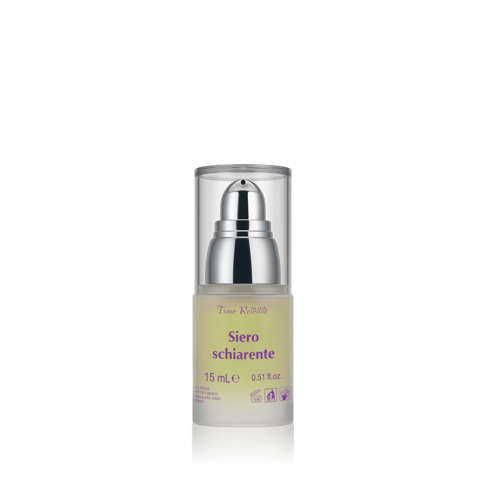 Flacone airless da 15 ml del Siero Viso Schiarente Antimacchia di Claride Fitocosmesi, formulato con Acidi di Frutta per ridurre le macchie scure e uniformare il colorito.