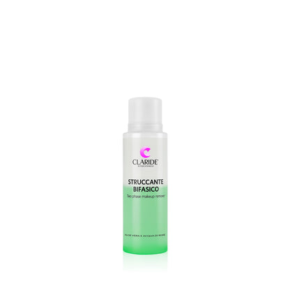 Flacone dello Struccante Bifasico di Claride Fitocosmesi, per rimuovere il trucco waterproof da occhi e labbra, con formula lenitiva all'Aloe Vera e Acqua di Rose.