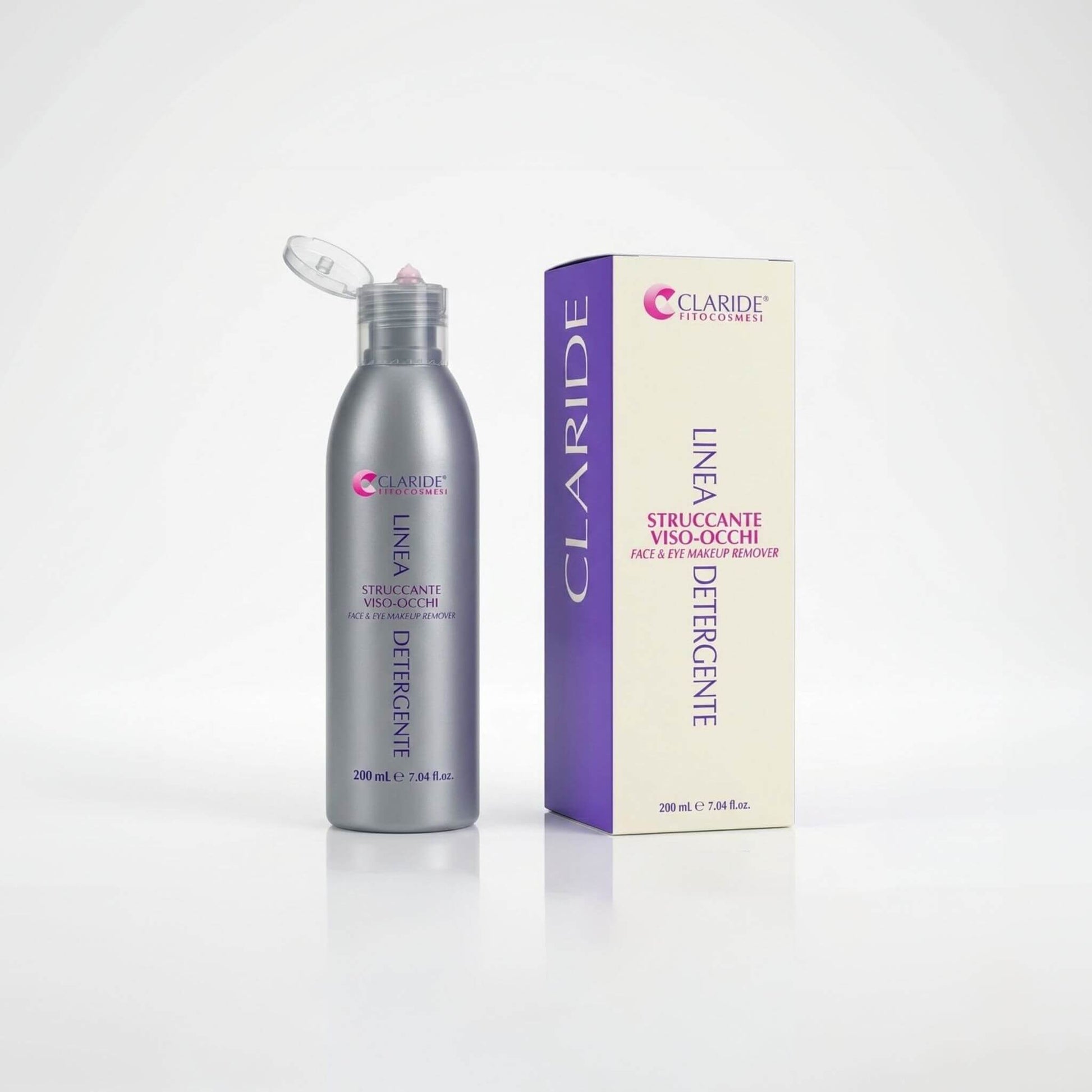Flacone in alluminio da 200ml e confezione dello Struccante Viso-Occhi Claride Fitocosmesi. Prodotto della Linea Detergente (Face & Eye Makeup Remover) per una rimozione del trucco efficace e delicata, su fondo bianco con riflesso.