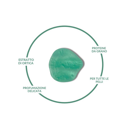 Infografica del Bagnoschiuma Claride Fitocosmesi: texture in gel verde con estratto di ortica, proteine del grano, profumazione delicata e adatto per tutte le pelli.