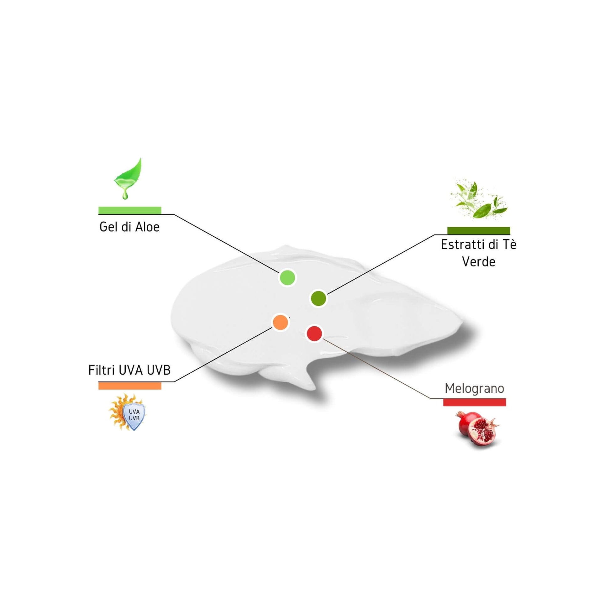 Texture della Crema Solare a Bassa Protezione Claride Fitocosmesi e i suoi principi attivi: Gel di Aloe, Filtri UVA UVB, Estratti di Tè Verde e Melograno.